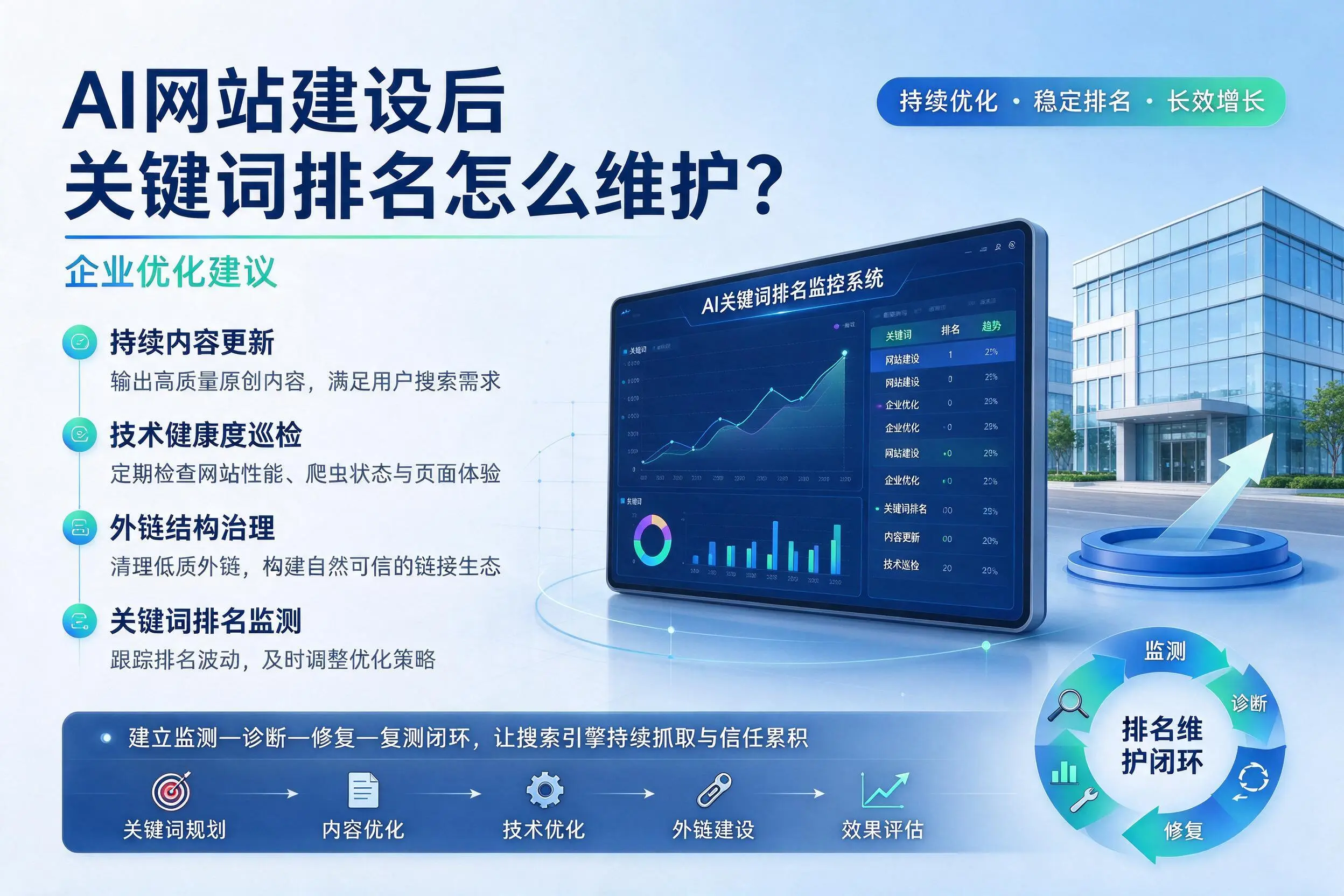 AI网站建设后关键词排名怎么维护?宁德企业优化建议